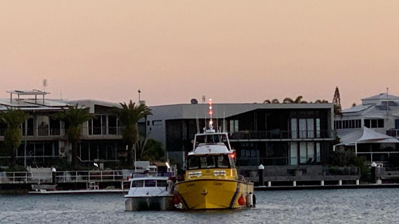 One of the boats involved in a collision off Mooloolaba is brought in by the Coast Guard on Saturday.