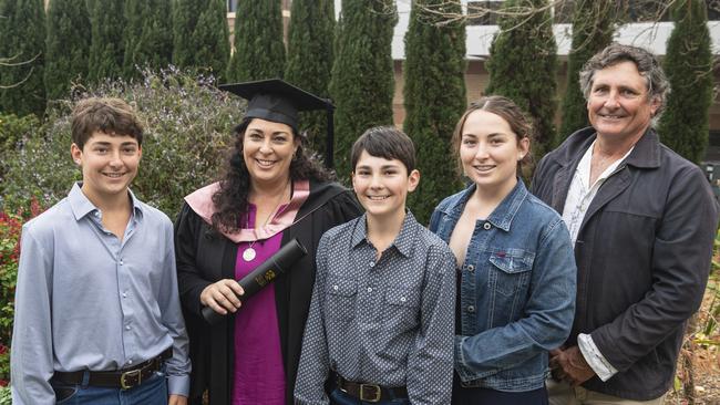 Master of Learning and Teaching (with distinction) graduate Deanne Doherty with family (from left) Matthew, David, Mikayla and John Doherty at a UniSQ graduation ceremony at The Empire, Tuesday, June 25, 2024. Picture: Kevin Farmer