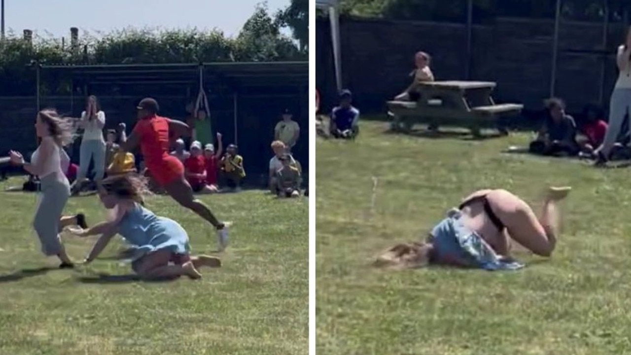 Katie ended up mooning the crowd at her daughter’s school sports day after falling face-first. Picture: SWNS