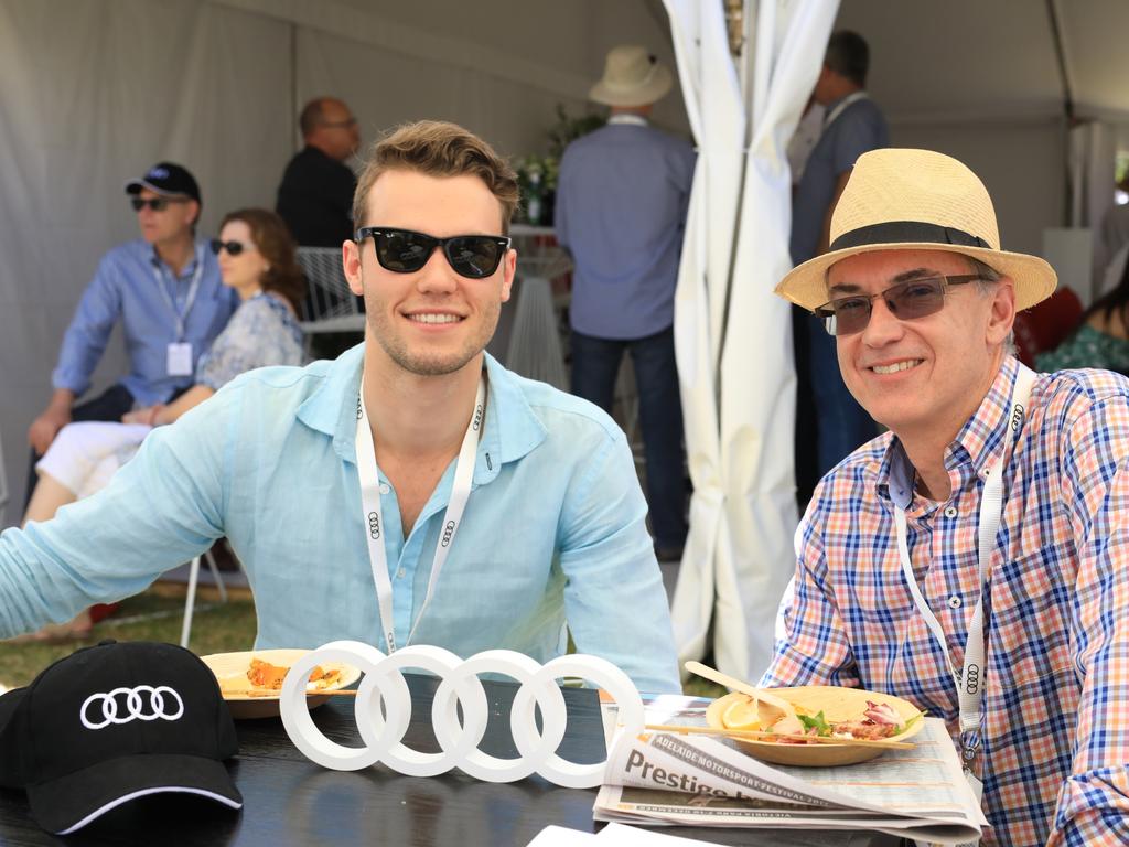 Simon Brown and Randell Brown were among the VIP Audi Solitaire customers who viewed the Adelaide Motorsport Festival track side. Picture: Kane Overall