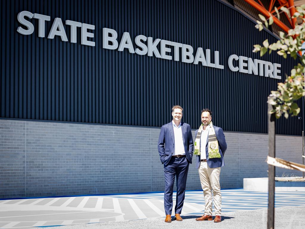 NBL chief executive David Stevenson and South East Melbourne Phoenix boss Tommy Greer outside the new development at State Basketball Centre. Picture: SEM Phoenix Media