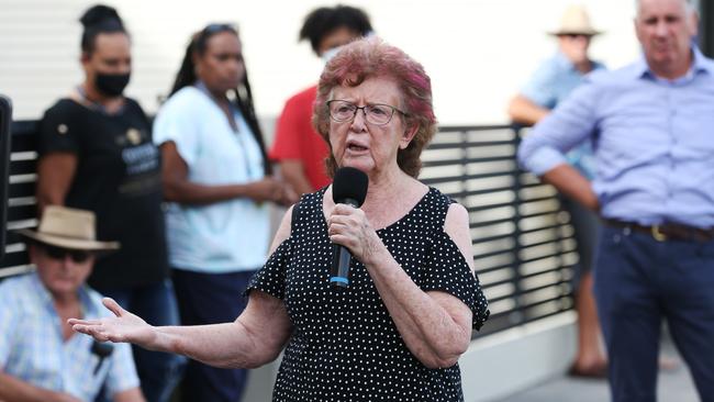 Retirement village resident and victim of crime Sylvia Carswell speaks at a Crime & Justice Action Group organised rally outside Member for Cairns Michael Healy's office on Spence Street. Picture: Brendan Radke