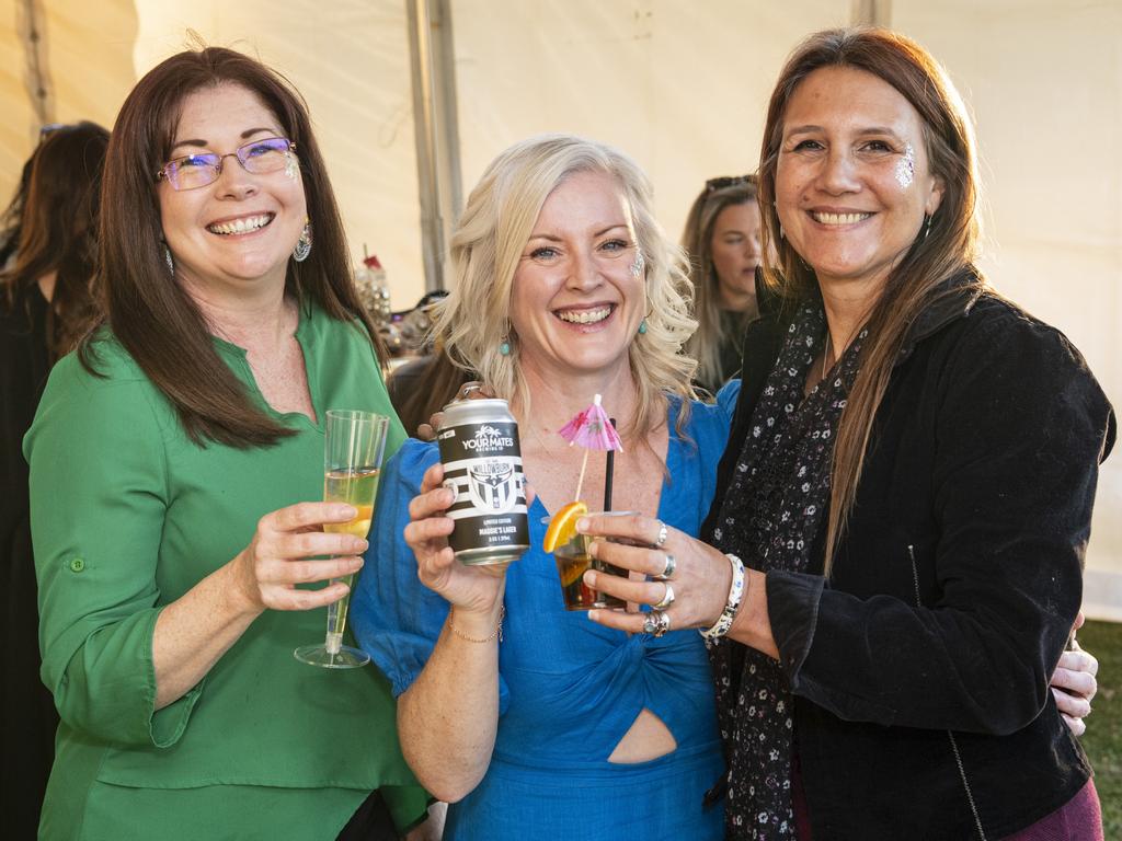 At the Sparkling Soiree Ladies Day are (from left) Shonee Hoath, Kirsten Douglas-Robinson and Kristen Knight hosted by Willowburn Football Club, Saturday, August 3, 2024. Picture: Kevin Farmer