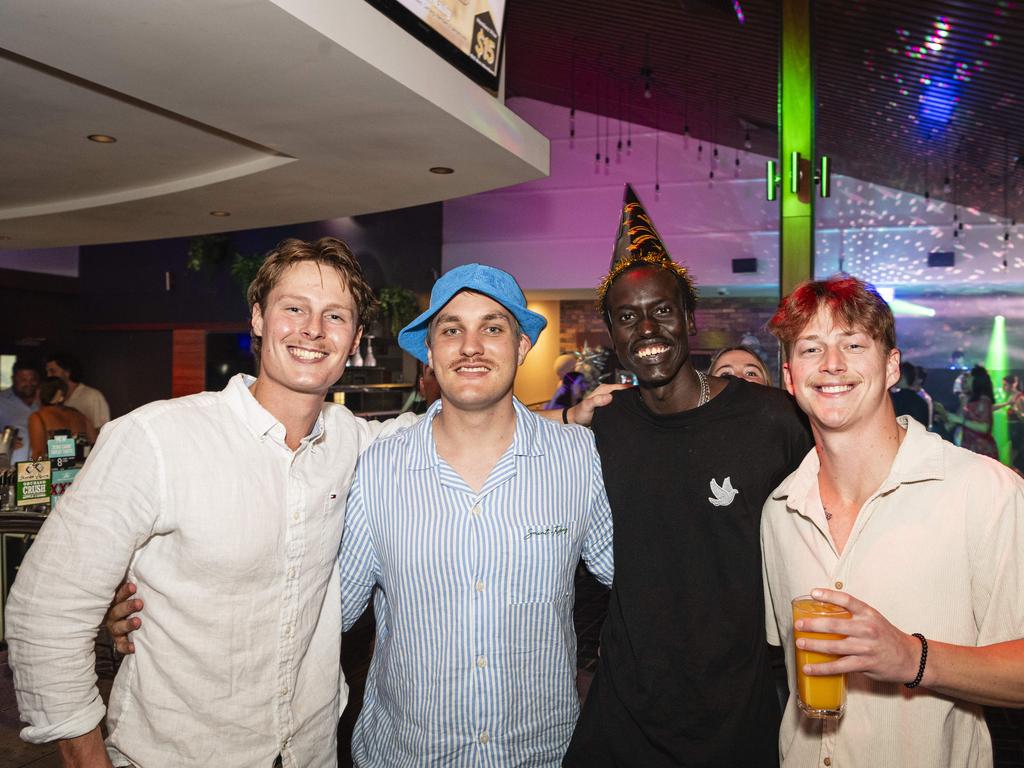 Celebrating New Year's Eve at Fitzy's are (from left) Michael Dowe, Brody Murphy, Lukuach Pach and Rylan Martin, Tuesday, December 31, 2024. Picture: Kevin Farmer