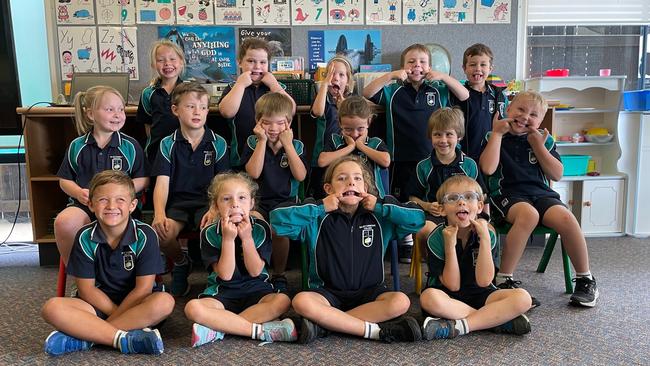 Dalby Christian College, Year 1 2022. Back row (L-R) Lily, Angelina, Sienna, Denver, Alex. Middle (L-R) Carlea, Harvey, Fletcher, Claire, Zachary, Mitchell. Front row (L-R) Liam, Lacey, Reidyn, Blayze Picture: Emily Devon.