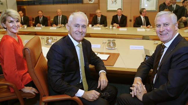 Foreign Minister Julie Bishop, Malcolm Turnbull and Deputy Prime Minister Michael McCormack at the cabinet table. Picture: Kym Smith