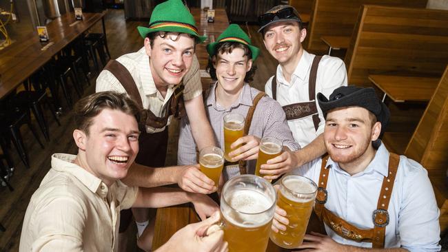 Celebrating Oktoberfest are (from left) Corey Ahlers, Ryan Burge, Lachlan Tory, Caleb Thomas and Nathan Green at The Brewhouse, Saturday, October 22, 2022. Picture: Kevin Farmer