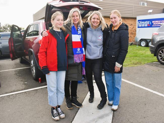 West Gippsland league grand final match 2024 — Phillip Island Bulldogs V Nar Nar Goon "The Goon" Football Club at Garfield Recreation Reserve on September 14, 2024: Charlee, Lisa Martindale, Sarah Pedersen and Alice. Picture: Jack Colantuono