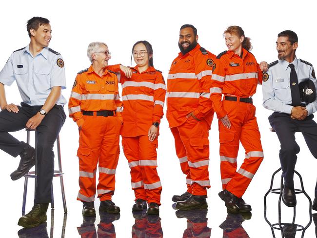 WEEKEND TELEGRAPHS -  9/12/22  MUST CHECK WITH PIC EDITOR JEFF DARMANIN BEFORE PUBLISHING  -NSW SES volunteers pictured in the studio in Surry Hills today. L to R, Tom Dorahy, Susan Bennett, Karen Cho, Terence Siriwardena,  Chrissy Boyle and Ashley Slapp. Picture: Sam Ruttyn