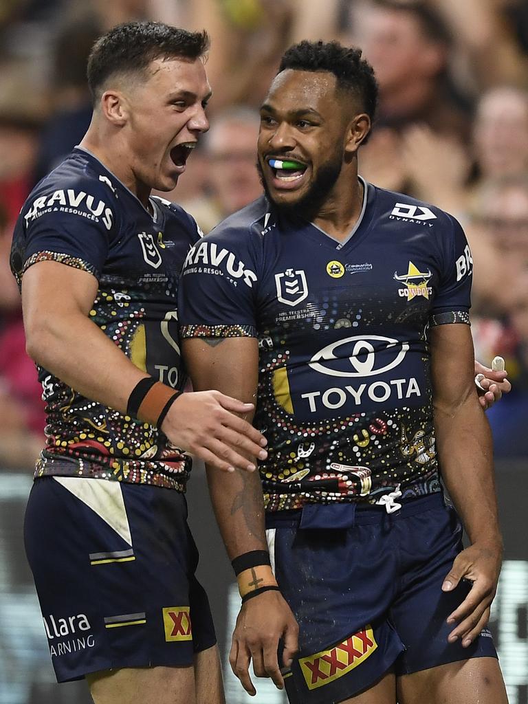 Cowboys Indigenous players Scott Drinkwater and Hamiso Tabuai-Fidow starred during the team’s Indigenous Round win over the Warriors. (Photo by Ian Hitchcock/Getty Images)