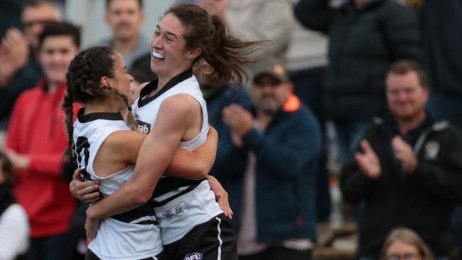 Tallia Pulcino and Alyssa Bannan celebrate a goal in last year’s NAB League Girls Grand Final. Picture: Luke Hemer