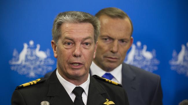 Vice Admiral Chief of Navy Tim Barrett (left) and Prime Minister Tony Abbott announce a major commitment to defence ship building in South Australia after holding a Federal Cabinet meeting in Adelaide, Tuesday, Aug 4, 2015. (AAP Image/Ben Macmahon) NO ARCHIVING
