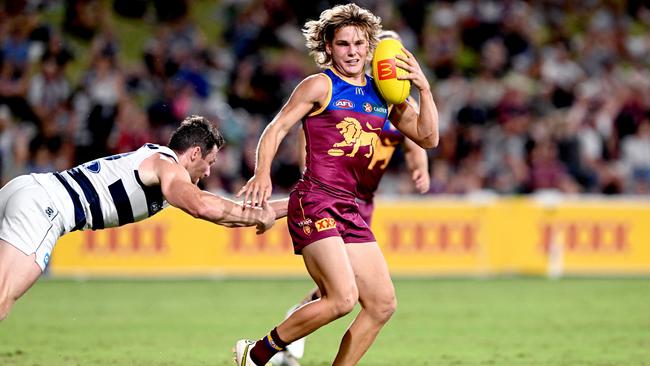 Will Ashcroft breaks away during the practice match against the Cats. Picture: Bradley Kanaris/Getty Images