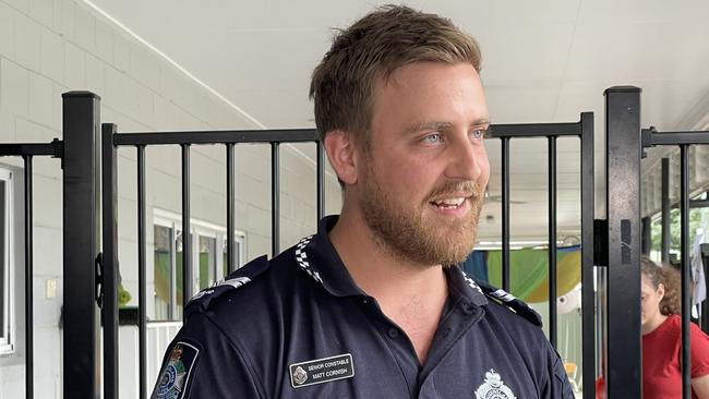 Senior Constable Matt Cornish at Genius Childcare Sheridan Meadows. Picture: Emily Haire