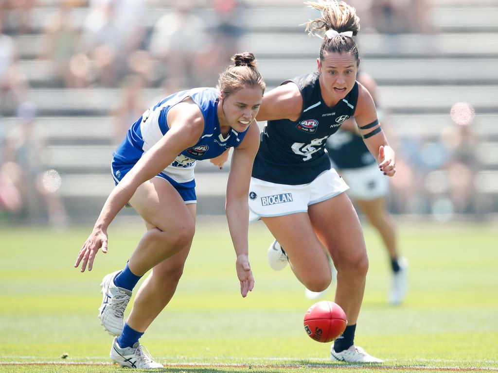 Jasmine Garner of the Kangaroos and Nicola Stevens of the Blues compete for the ball during the AFLW Round 1 match in Hobart. Picture: Adam Trafford/AFL Media/Getty Images