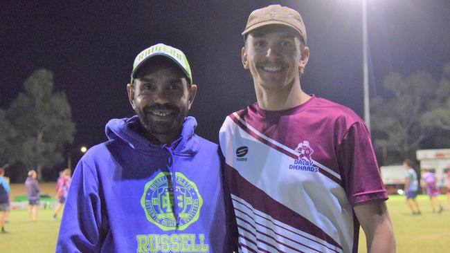 Former Dalby Diehards player Christopher Woodbridge (left) with son Chris, reflects on his proudest moments as his son takes the field. Picture: Emily Devon