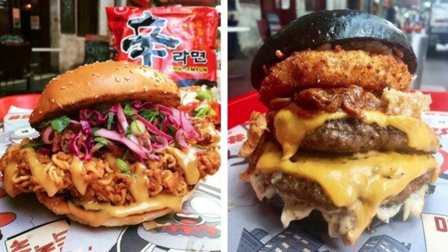 Down’N’Out are renowned for burger specials such as the Shin Ramyun (left) with fried chicken, bacon, salad and hoi sin mayo, and the Lord Vader, with pulled pork shoulder, cracklings shards, cheese bacon and onion ring. Pictures: Down’N’Out