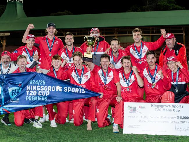 St George celebrate with the Kingsgrove Sports T20 Cup after their grand final win over Fairfield-Liverpool, NSW Premier Cricket,  Sunday, October 20, 2024 at North Sydney Oval. Picture: Ian Bird Photography