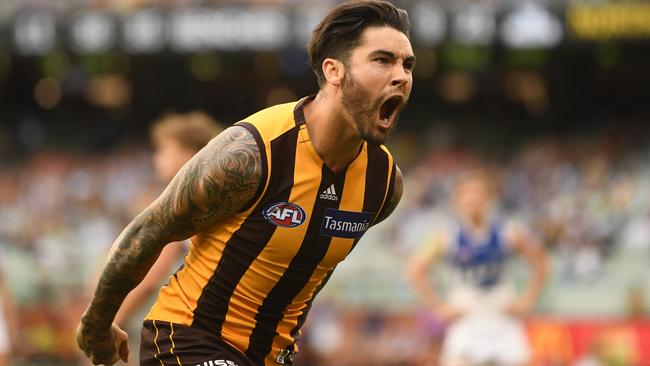 Chad Wingard celebrates a goal in his Hawthorn debut. Picture: AAP Images