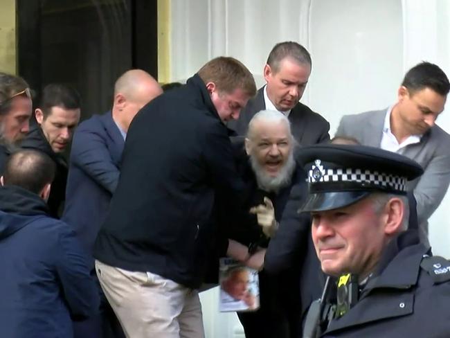 Julian Assange’s removal from the Ecuadorean embassy on Thursday. Picture: Ruptly