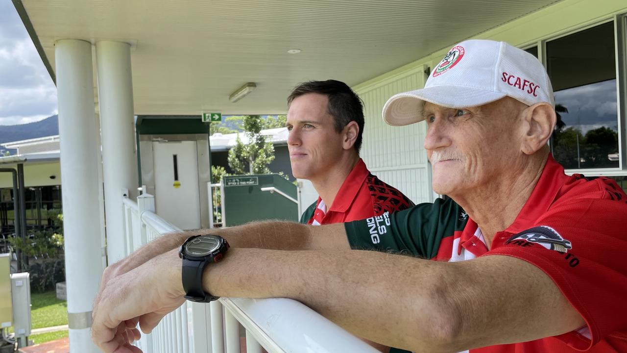 South Cairns Cutters AFL player Tyson Williams and committee member Rex Creed at Fretwell Park.