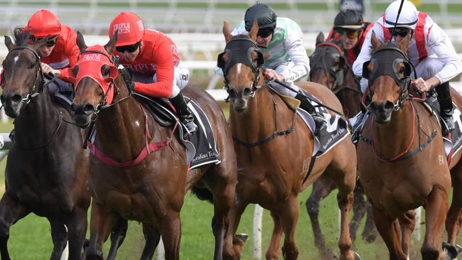 Redzel charges to victory in the Concorde Stakes. Picture: AAP