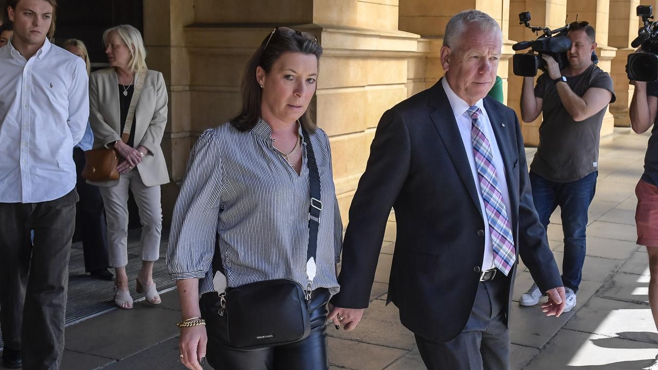 SA Police Commissioner Grant Stevens and his wife, Emma, outside court. Picture: Roy VanDerVegt