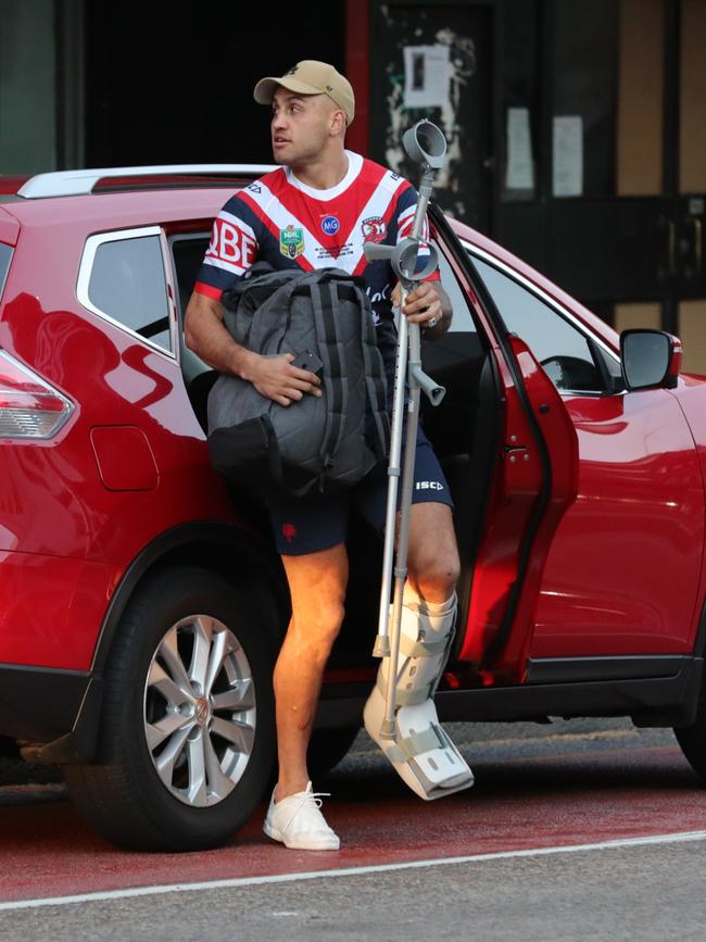 Blake Ferguson arrives at Good Bar in Paddington on Monday in a moonboot. Picture: TNV