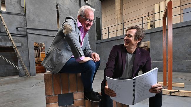 Playwright Tim McGarry, left, and author Trent Dalton on the set of the stage version of Dalton’s best-selling book Boy Swallows Universe. Picture: Lyndon Mechielsen