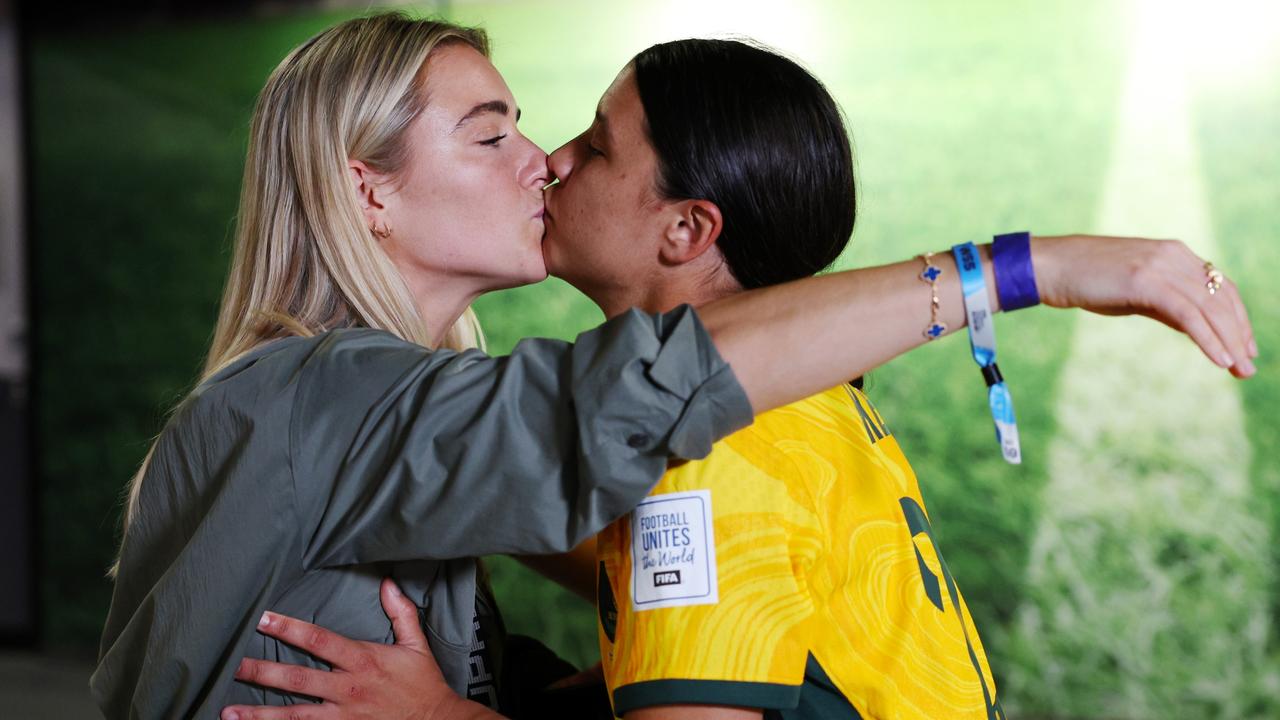 Sam Kerr celebrates during the World Cup with her partner Kristie Mewis. Picture: Elsa - FIFA/FIFA via Getty Images