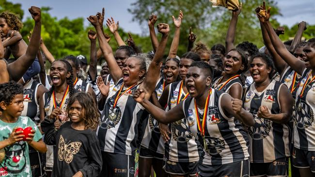 History was made as the Muluwurri Magpies beat the Tapalinga Superstars in the inaugural 2023 Tiwi Islands Football League women's grand final. Picture: Patch Clapp / AFLNT Media