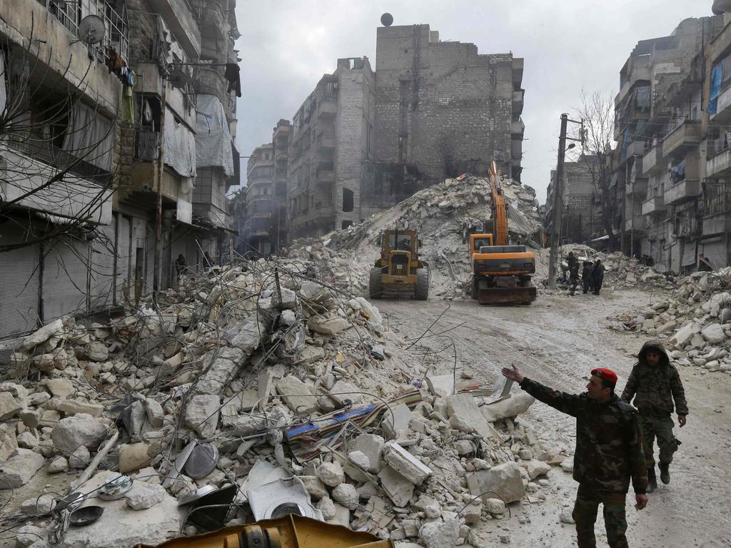 Syrian rescue teams search for victims and survivors. The Syrian government urged the international community to come to its aid following a 7.8-magnitude earthquake. Picture: AFP