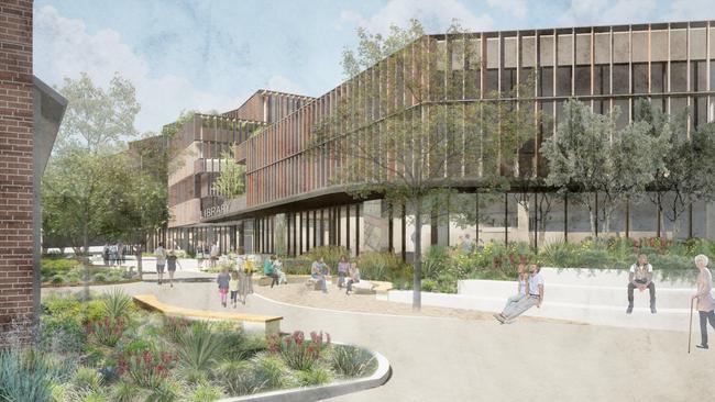 View of the civic link from Menangle Street through to the Village Green, Library and Government Services Building.