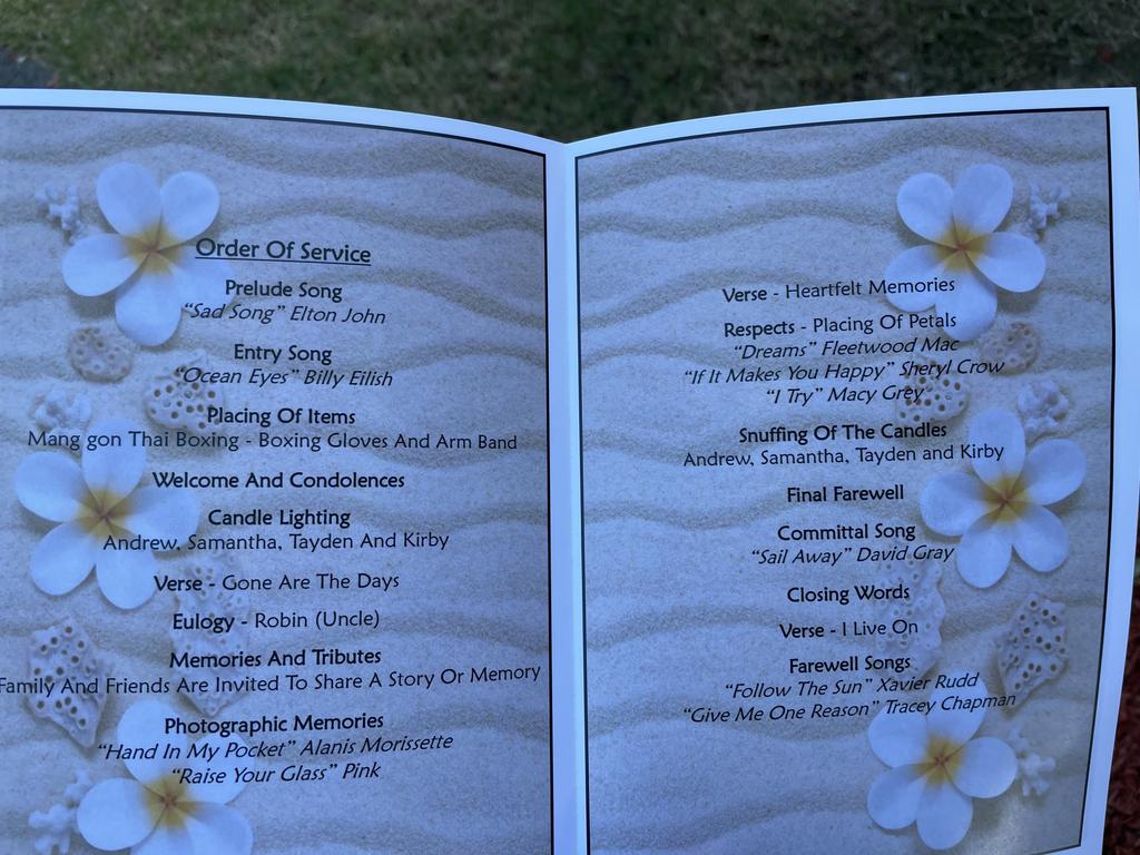 Image of booklet taken at the funeral of Natalie Frahm on July 4, 2024. She was shot and killed in her Mackay driveway, the alleged shooter facing murder charges. Picture: Fergus Gregg