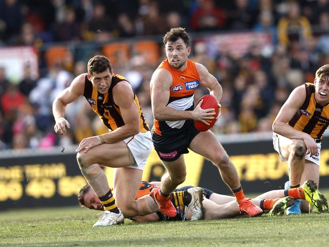 Giants Brent Daniels wins it out of the middle in the last quarter at Manuka Oval. Picture: Phil Hillyard.