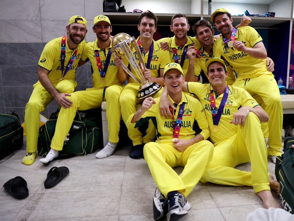 Sean Abbott, Adam Zampa, Pat Cummins, Travis Head, Glenn Maxwell, Mitchell Starc, Josh Hazlewood and Mitch Marsh soak up their ODI World Cup triumph. Picture: Robert Cianflone/Getty Images