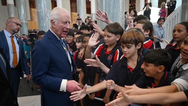 King Charles III greets guests during the ceremonial welcome and Parliamentary reception at the Australian Parliament House on October 21, 2024, in Canberra, Australia. Picture: Victoria Jones - Pool/Getty Images