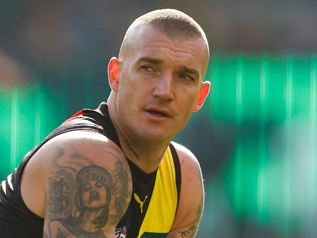 MELBOURNE, AUSTRALIA - MAY 05: Dustin Martin of the Tigers looks on during the 2024 AFL Round 08 match between the Richmond Tigers and the Fremantle Dockers at The Melbourne Cricket Ground on May 05, 2024 in Melbourne, Australia. (Photo by Michael Willson/AFL Photos via Getty Images)