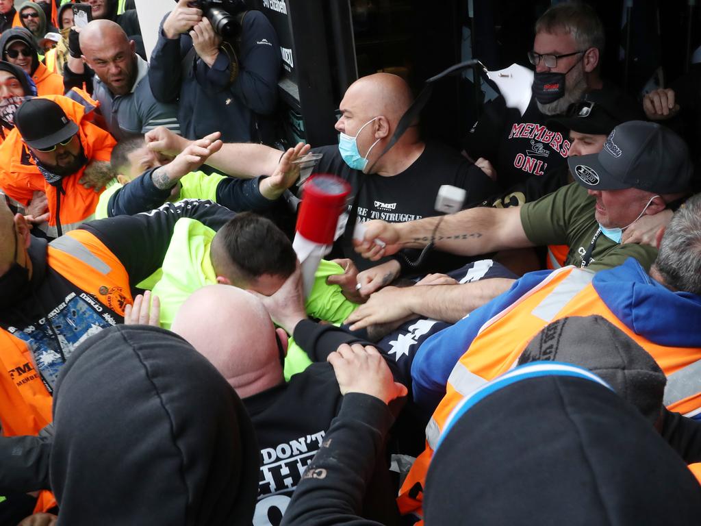 The CFMEU head office was declared a Covid-19 exposure site last Wednesday, with protesters storming the venue. Picture: David Crosling