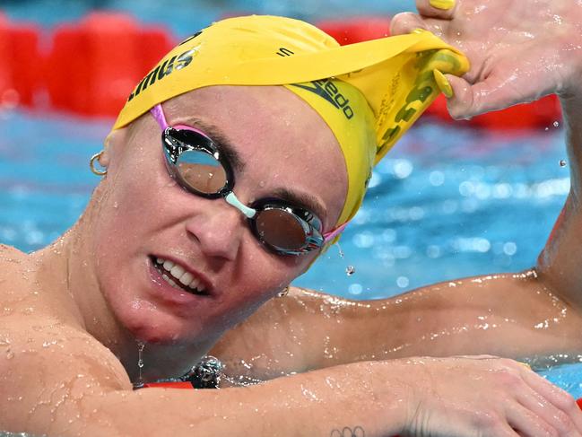 Ariarne Titmus after swimming heat of the women's 800m freestyle. Picture: Jonathan Nackstrand / AFP