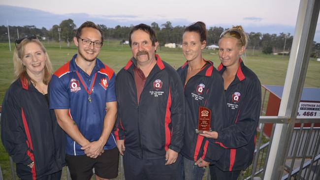 Warwick Redbacks league trophy winners (from left) Karen Clarke, Tyhe Clarkson, Dave Drewery, Lisa and Naomi Elliott. Picture: Gerard Walsh