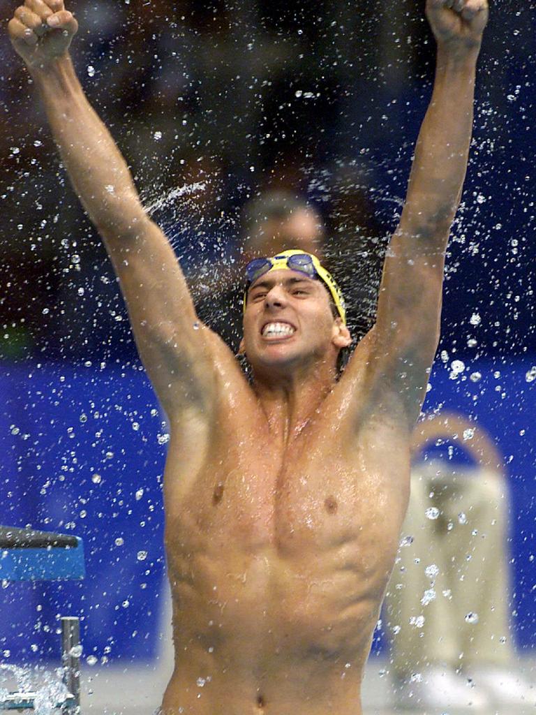 Australia’s distance king Grant Hackett celebrates his victory in the final of the men's 1500m freestyle event at the Sydney 2000 Olympic Games. Picture: file image