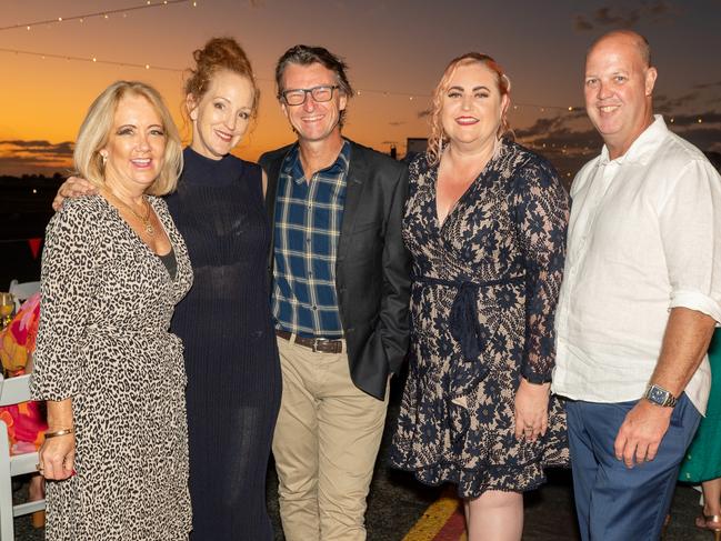Kathy Dine, Jules Parker, Eugene Murphy, Shirlz Russell and Calvin Poole at Dinner on the Runway for Mackay Hospital Foundation, Mackay Airport Friday 8 September 2023 Picture: Michaela Harlow