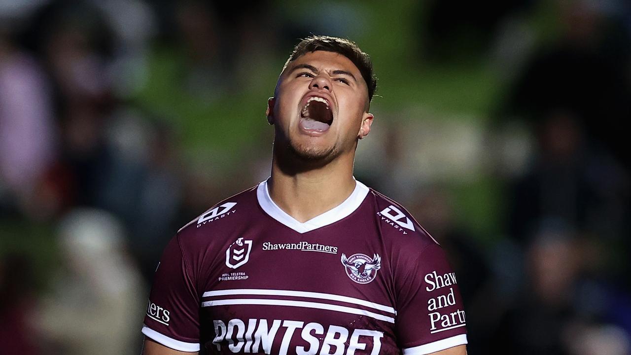 SYDNEY, AUSTRALIA - JUNE 17: Joel Schuster of the Sea Eagles reacts during the round 15 NRL match between the Manly Sea Eagles and the North Queensland Cowboys at 4 Pines Park, on June 17, 2022, in Sydney, Australia. (Photo by Cameron Spencer/Getty Images)