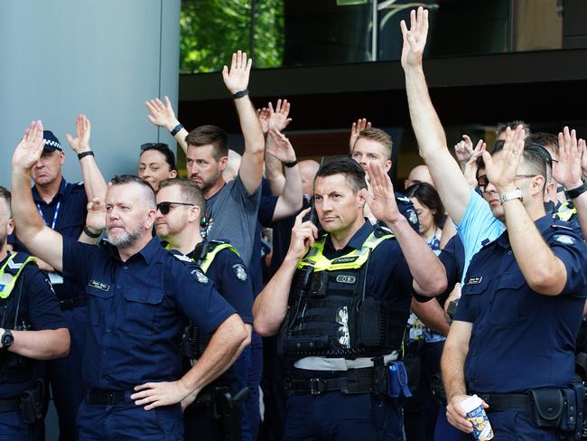 Police officers gathered outside Victoria Police’s Spencer St headquarters on Friday to demand better work conditions. Picture: Luis Enrique Ascui