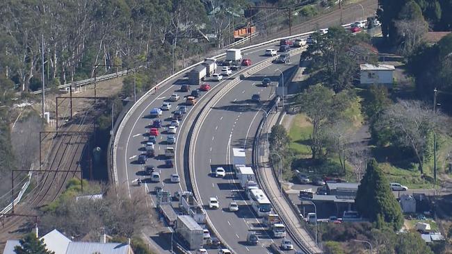 Traffic is banked up along the Great Western Highway, where the pursuit occurred. Picture: Nine News