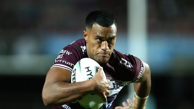 SYDNEY, AUSTRALIA - JULY 05: Tevita Funa of the Sea Eagles runs the ball during the round eight NRL match between the Manly Sea Eagles and the Newcastle Knights at Lottoland on July 05, 2020 in Sydney, Australia. (Photo by Jason McCawley/Getty Images)