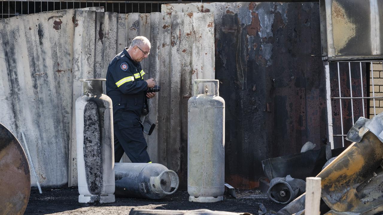 QFES fire investigator David Lethbridge at the scene of the fire at Jim's Jerky, Wednesday, April 5, 2023. Picture: Kevin Farmer