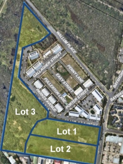 A plan for the proposed subdivision of Byron Shire Council's Lot 12 on Bayshore Drive in the Byron Arts and Industry Estate. Under current plans, the council would sell Lot 1 to Creative Capital for a mixed-use development precinct, Lot 2 would be used to house a TAFE facility and other uses and Lot 3 would be retained for environmental purposes.