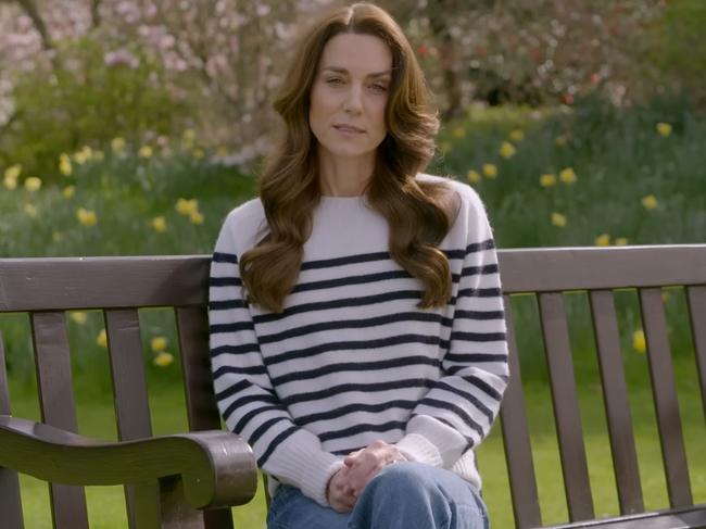 Kensington Palace released video of Princess of Wales, Kate Middleton, revealing she is undergoing treatment for cancer. She was pushed by ‘outrageous’ body double theories, says royal expert. Picture: Supplied